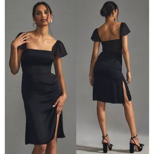 Anthropologie Flutter-Sleeve Satin Sheath Dress NWT in Black 16